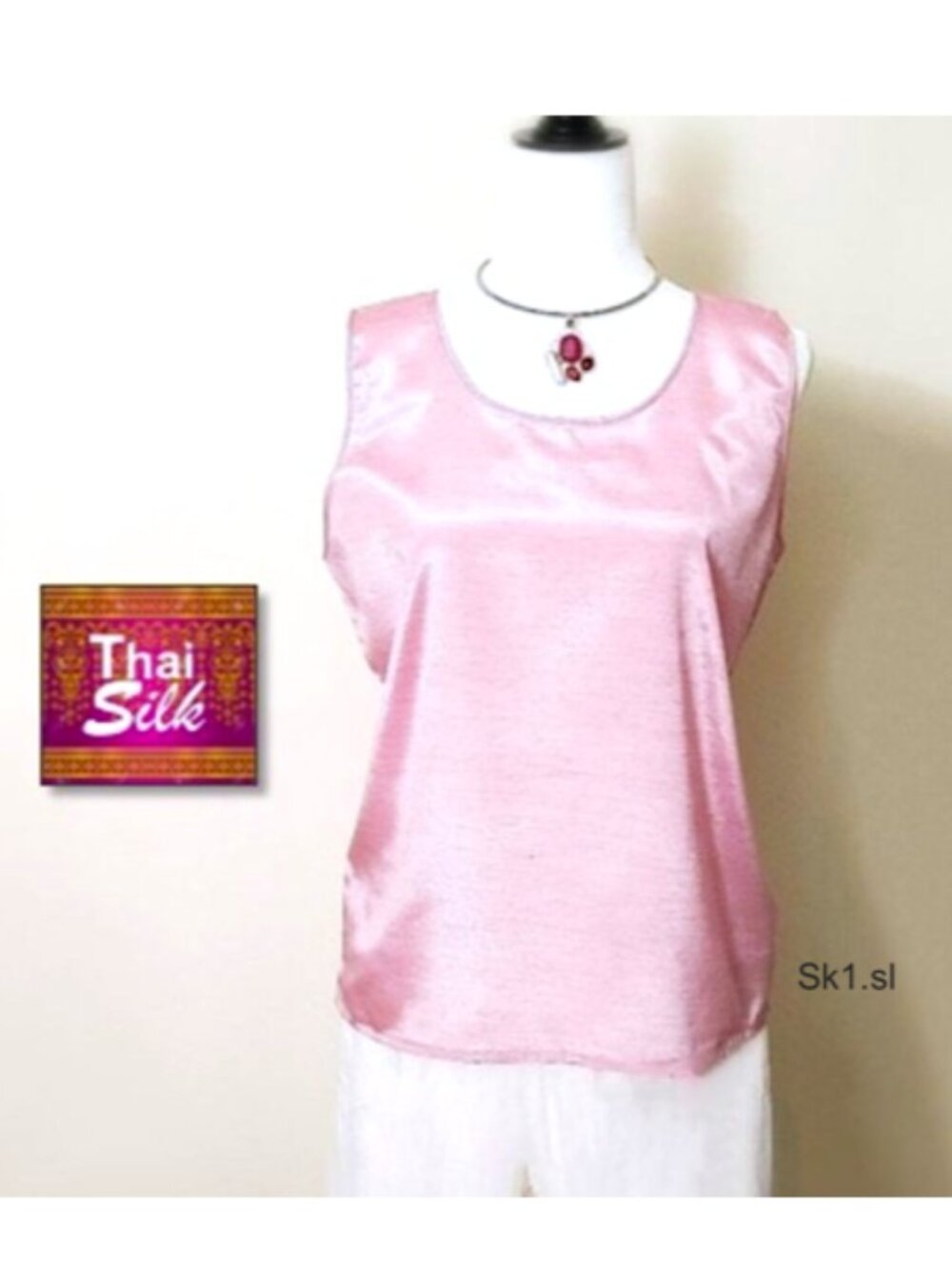 SIAM SILK 100% Thai Silk PINK Womens Tank Top Slip-on Round Neckline Sleeveless